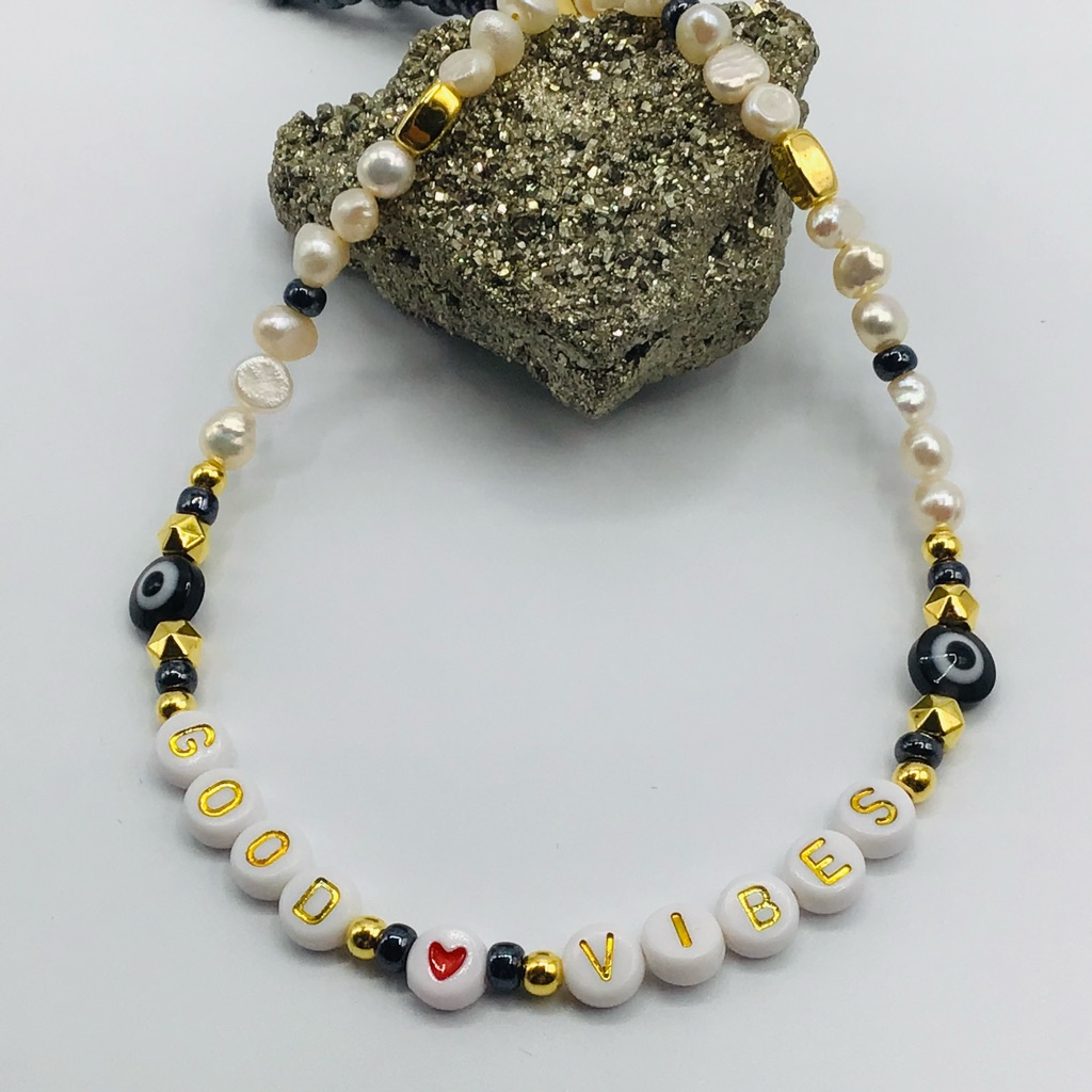 New Necklace Good Vibes Evil Eye Pearls Hematite Beads Gold Tone Heart G